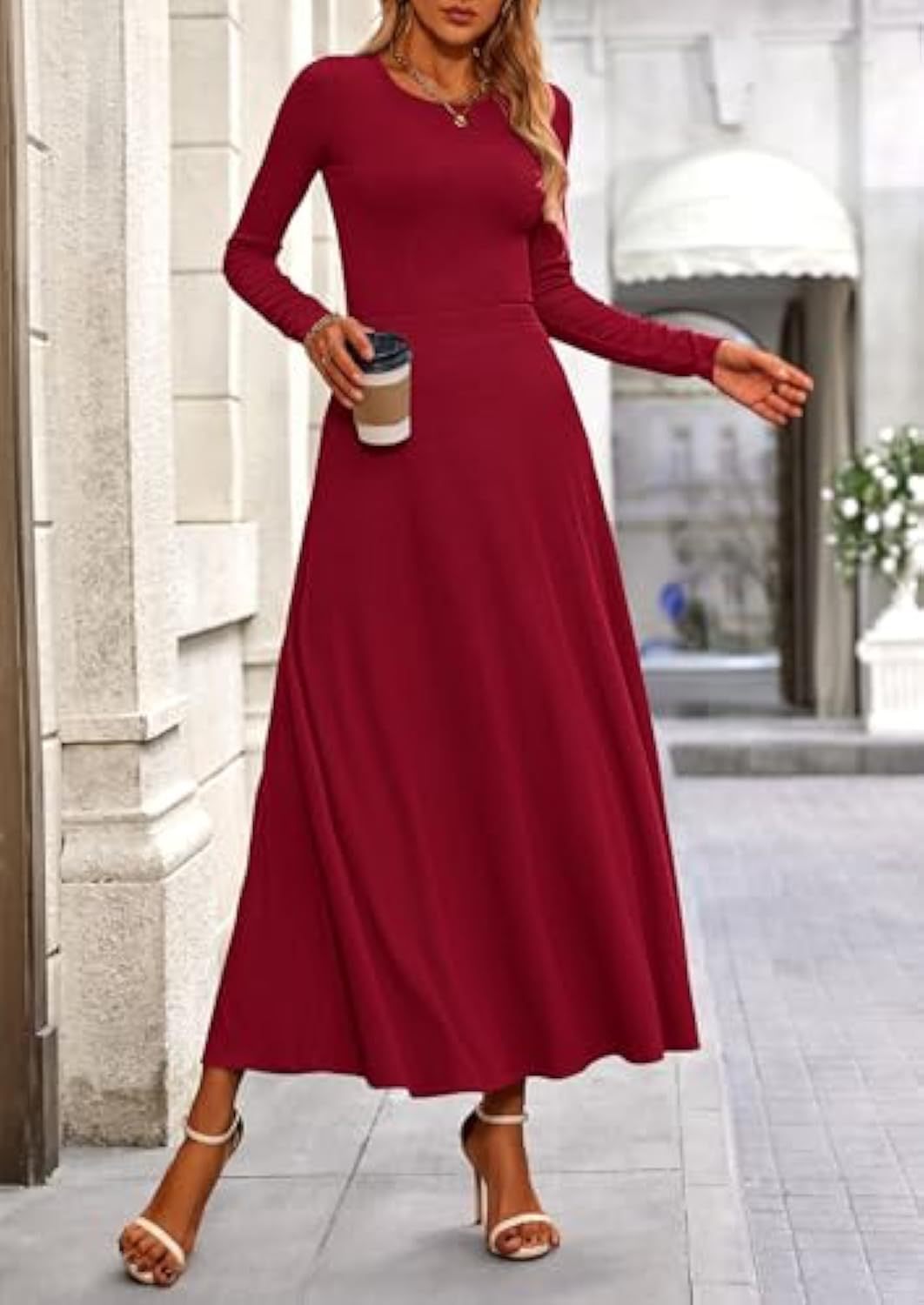 Damen Langärmeliges Maxikleid mit tailliertem Oberteil und fließendem A-Linien-Rock Drune