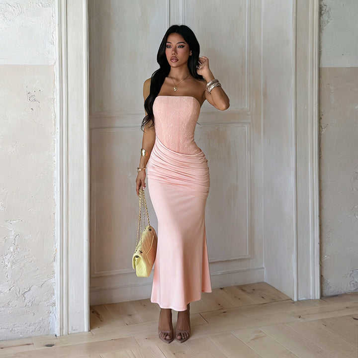 Damen Elegantes langes Abendkleid mit figurschmeichelndem Rüschendesign und schimmernden Pailletten Drune