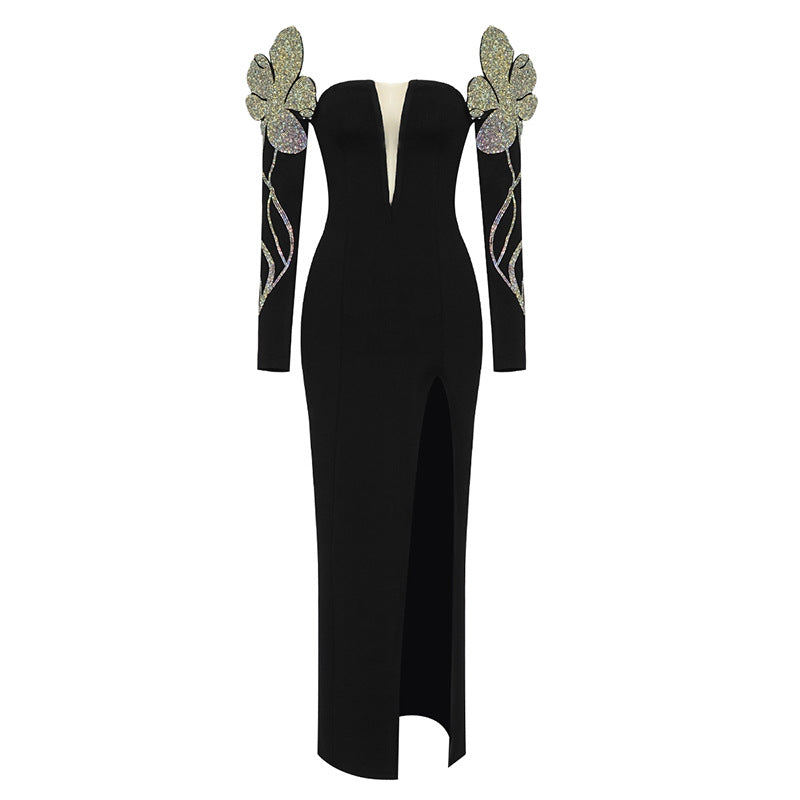Damen Elegantes Abendkleid mit glitzernden Flügel-Applikationen und tiefem V-Ausschnitt Drune
