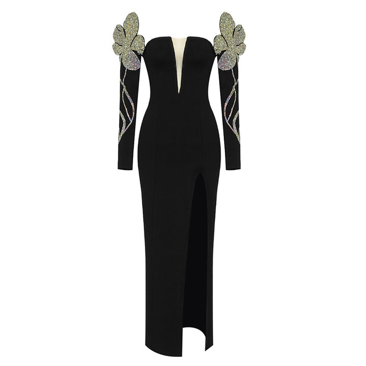 Damen Elegantes Abendkleid mit glitzernden Flügel-Applikationen und tiefem V-Ausschnitt Drune