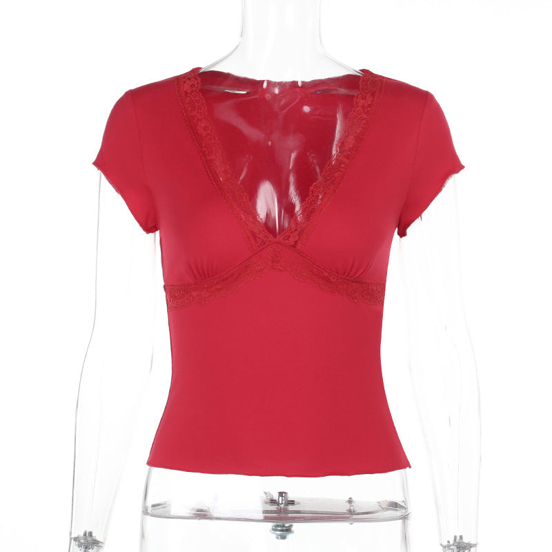 Damen Elegantes Oberteil mit Spitzen- und Drapierungselementen Drune