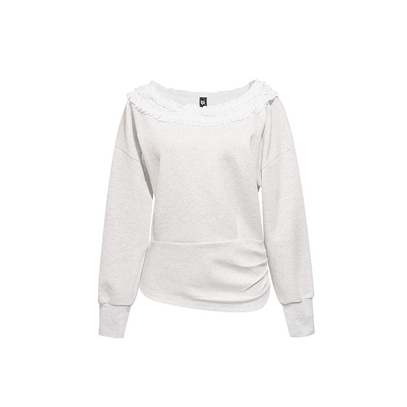 Damen Sweatshirt mit Carmen‑Ausschnitt, Spitzenrüsche und seitlicher Raffung Drune