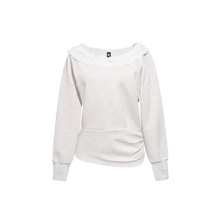 Damen Sweatshirt mit Carmen‑Ausschnitt, Spitzenrüsche und seitlicher Raffung Drune