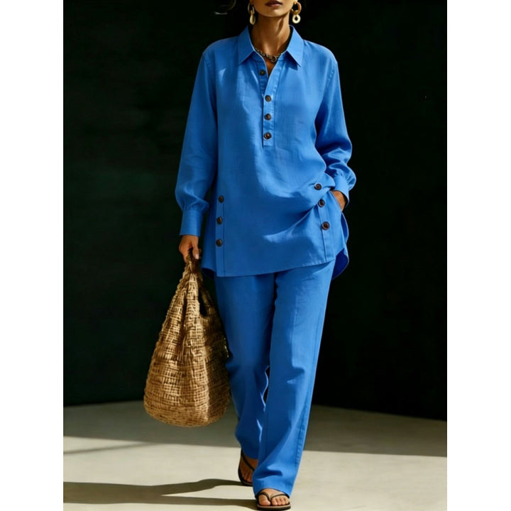 Damen Leichtes Oversize-Hemd-Tunika mit Zierknöpfen und Gerader Bundhose Drune