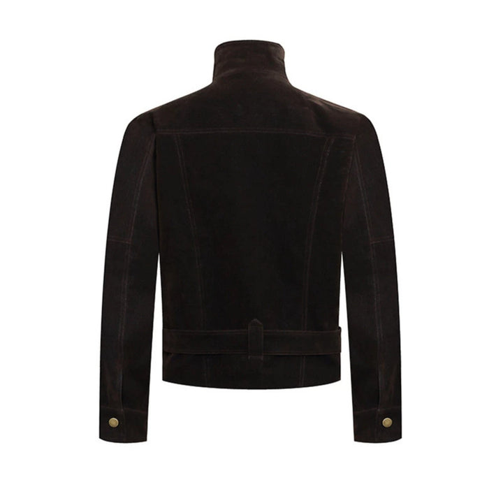 Herren Wildleder-Bikerjacke mit Stehkragen, Druckknopffront und Taillengürtel Drune