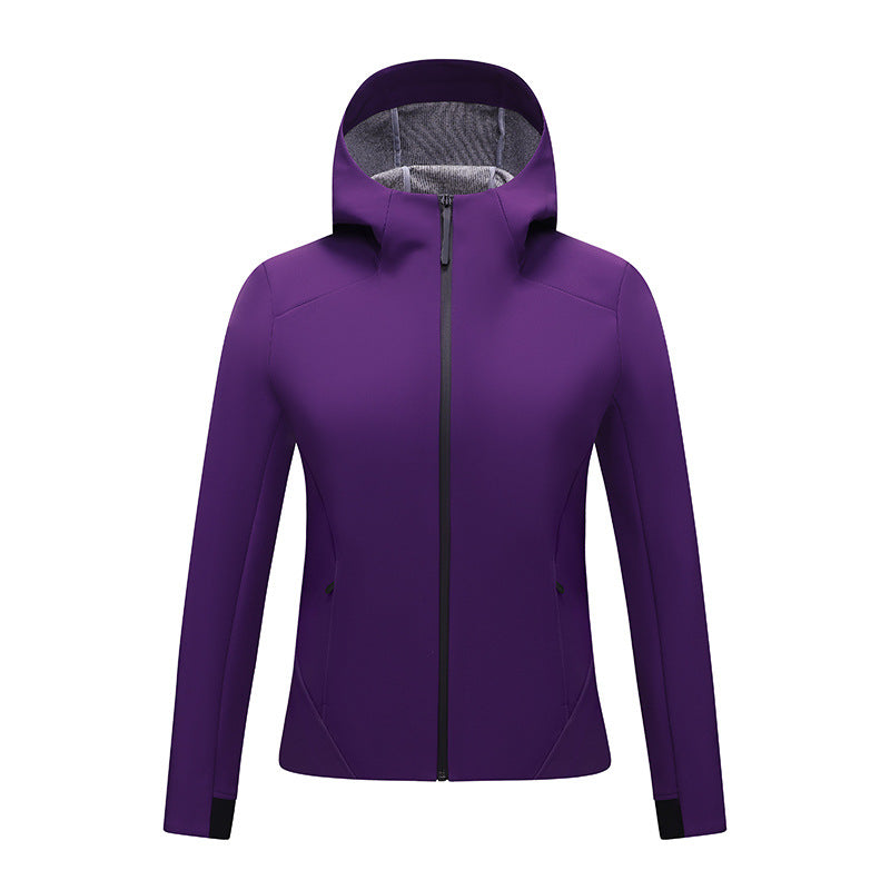 Damen Softshell-Jacke mit Kapuze, taillierte und winddichte Outdoorjacke Drune