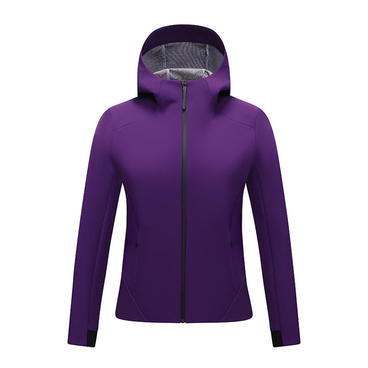 Damen Softshell-Jacke mit Kapuze, taillierte und winddichte Outdoorjacke Drune