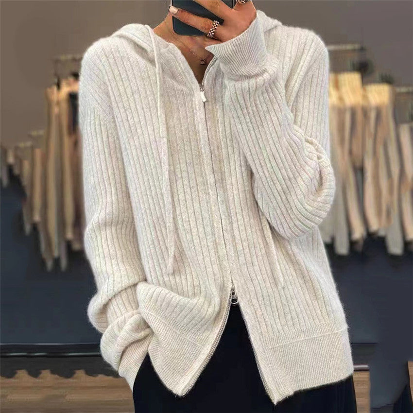Damen nan oversized Rippstrick-Kapuzencardigan mit Zwei-Wege-Reißverschluss und Kaschmir-Blend Drune