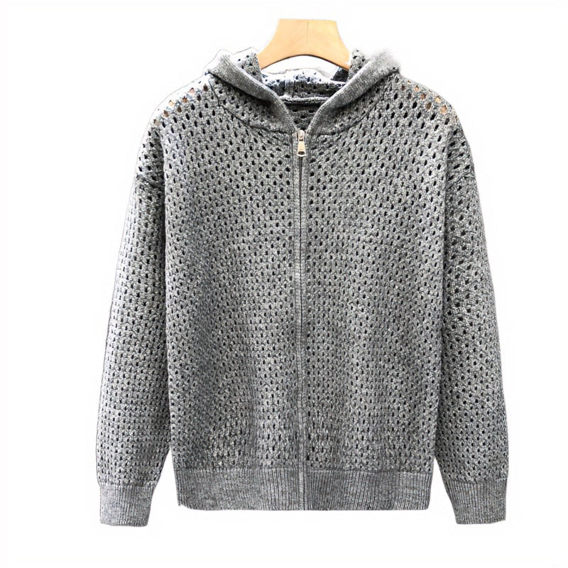 Unisex Leichte Lochstrick-Kapuzenzipjacke mit Ajourmuster Drune
