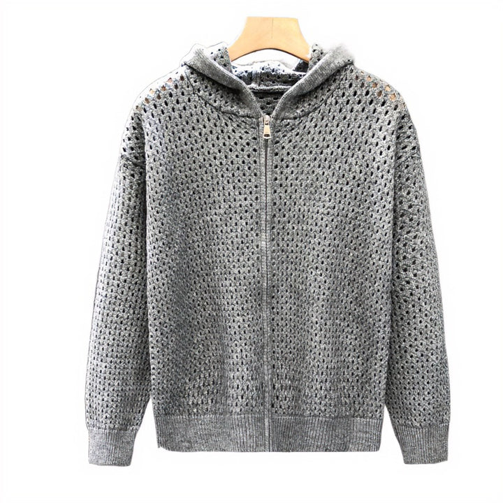 Unisex Leichte Lochstrick-Kapuzenzipjacke mit Ajourmuster Drune