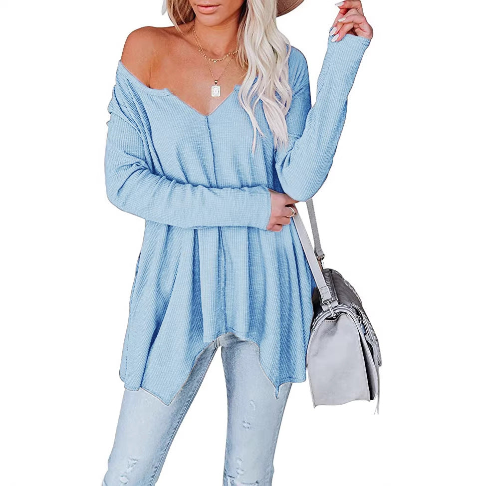 Damen Freizeit Waffelstrick Tunika mit V-Ausschnitt, Off-Shoulder und asymmetrischem Saum Drune