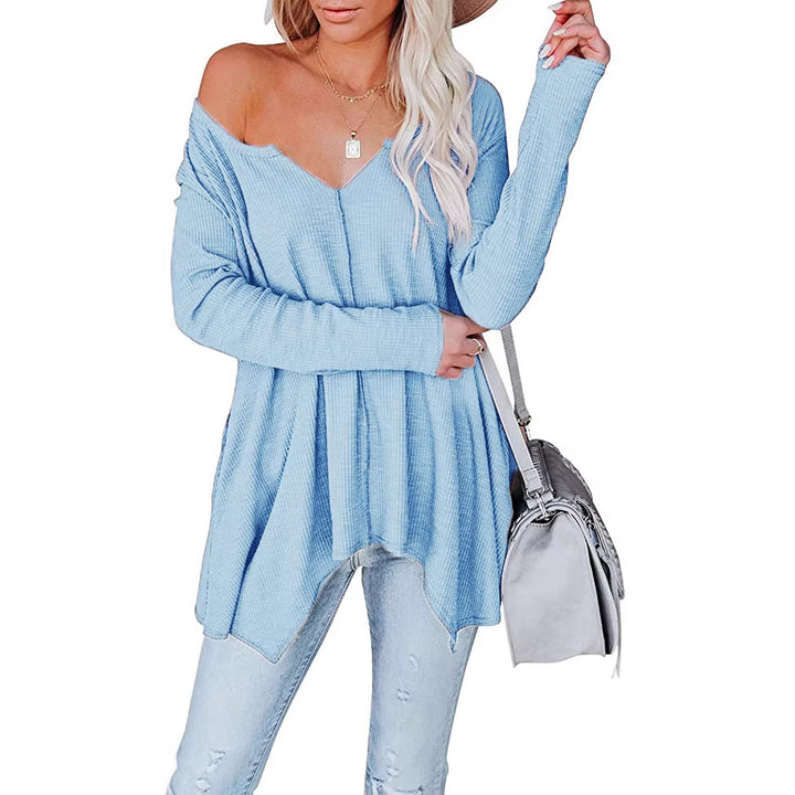 Damen Freizeit Waffelstrick Tunika mit V-Ausschnitt, Off-Shoulder und asymmetrischem Saum Drune