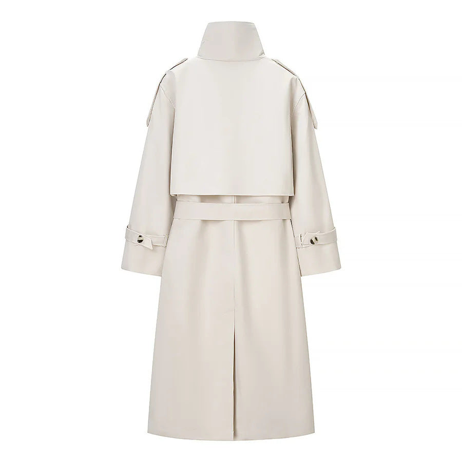 Damen nan längerer zweireihiger Trenchcoat mit hohem Stehkragen und Bindegürtel Drune