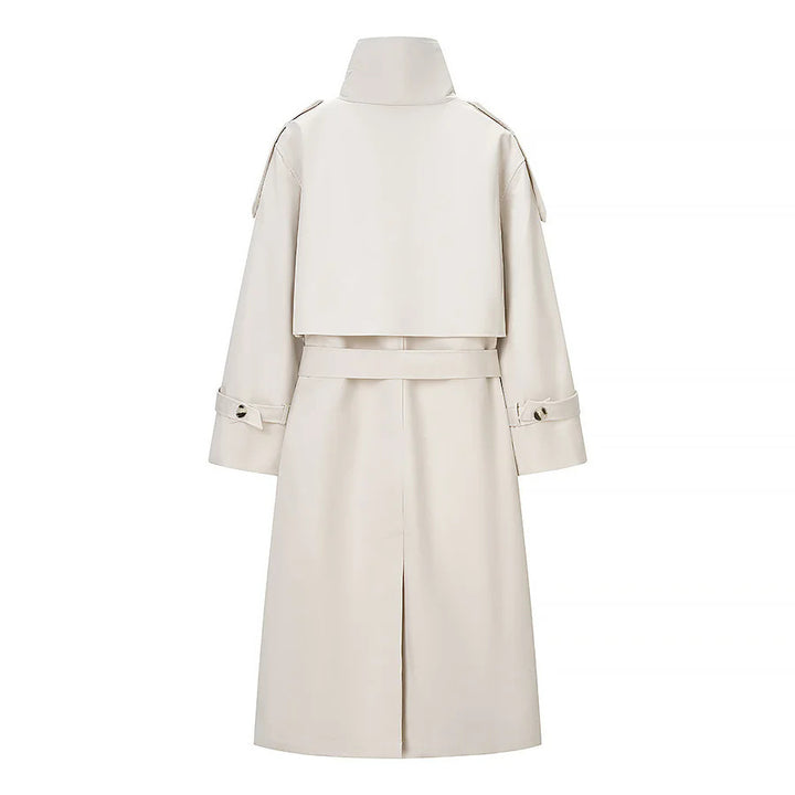 Damen nan längerer zweireihiger Trenchcoat mit hohem Stehkragen und Bindegürtel Drune