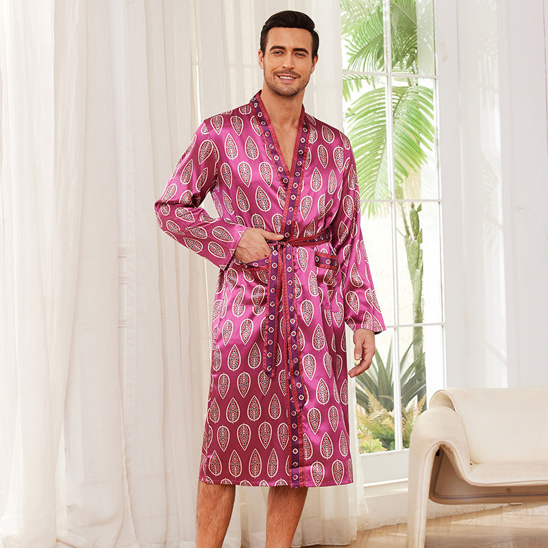 Herren Satin Morgenmantel mit auffälligem Muster und Taillengürtel Drune
