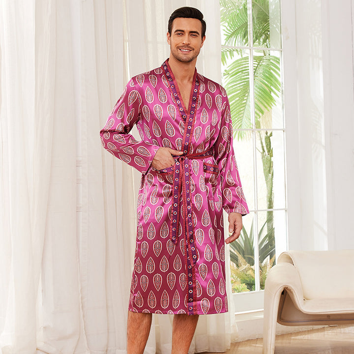 Herren Satin Morgenmantel mit auffälligem Muster und Taillengürtel Drune