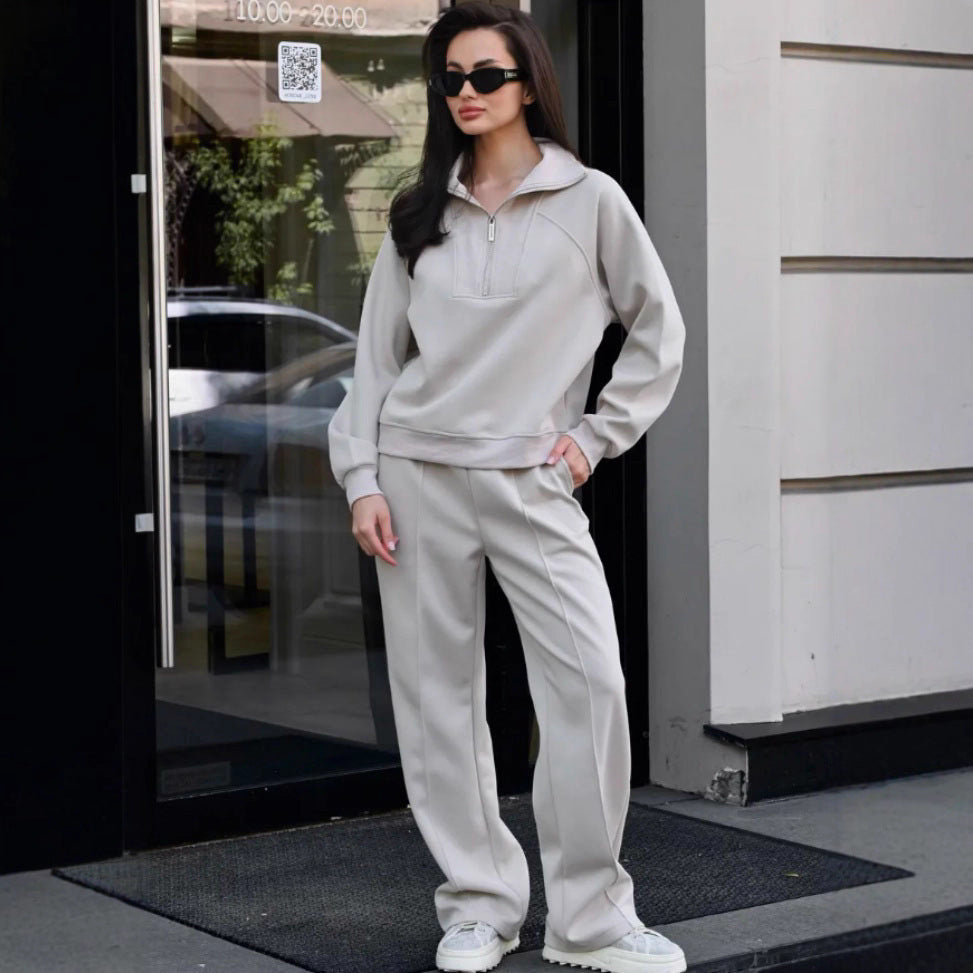 Damen Oversize-Halbreißverschluss-Sweatshirt mit weit geschnittener hochgeschnittener Palazzo-Hose Drune