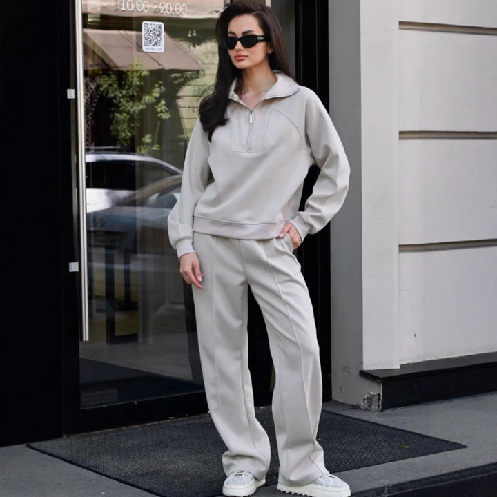 Damen Oversize-Halbreißverschluss-Sweatshirt mit weit geschnittener hochgeschnittener Palazzo-Hose Drune
