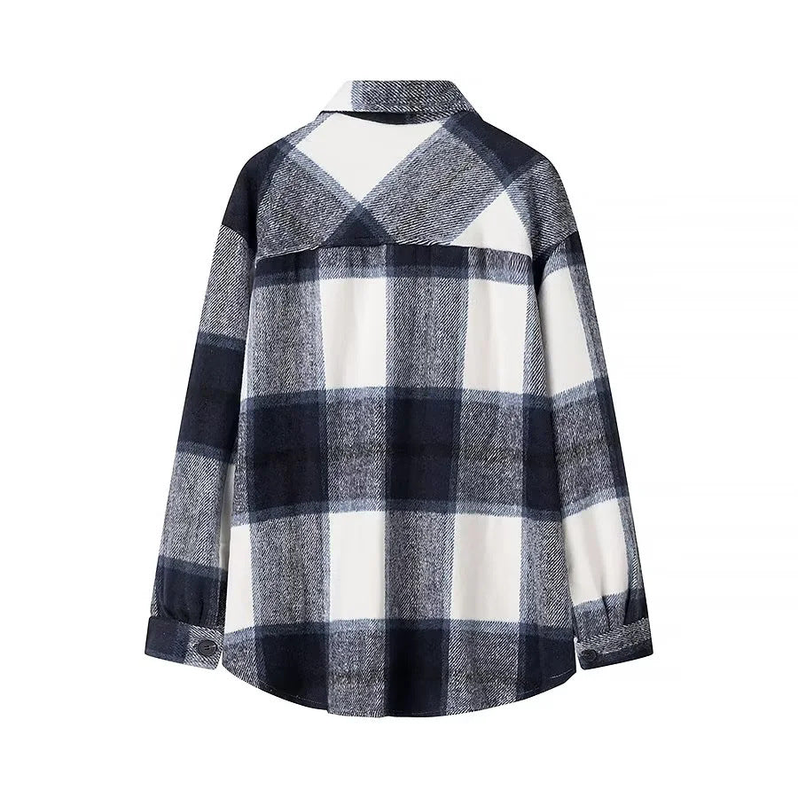 Damen nan kariertes Overshirt im Shacket‑Stil mit aufgesetzten Brusttaschen Drune