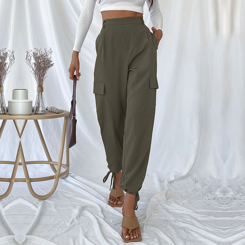 Damen High-Waist Cargo-Joggerhose mit Pattentaschen und Saum-Tunnelzug Drune