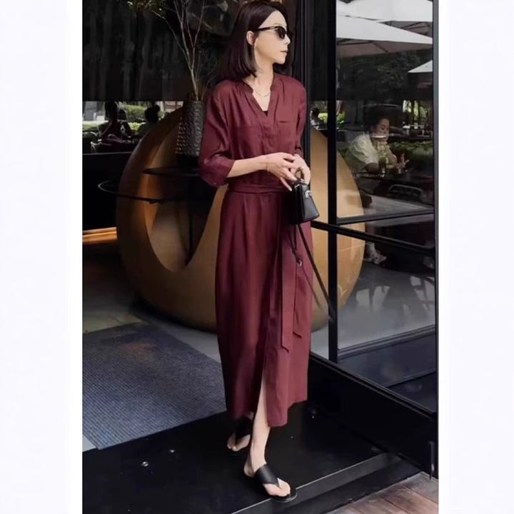 Damen Leichter Culotte-Jumpsuit mit Stehkragen, 3/4-Ärmeln und Taillengürtel Drune