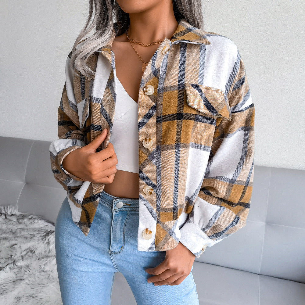 Damen Karo Overshirt mit Druckknopfverschluss und Brusttaschen Drune