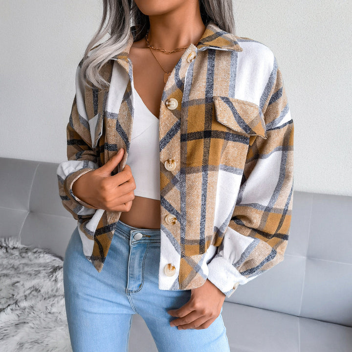 Damen Karo Overshirt mit Druckknopfverschluss und Brusttaschen Drune