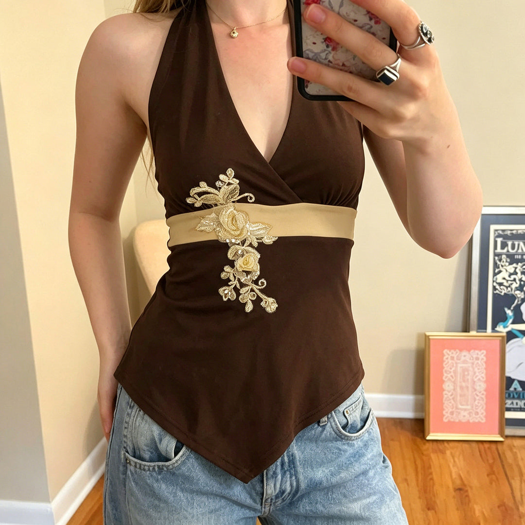 Damen eleganter Halter-Badeanzug mit luxuriösen Stickereien Drune