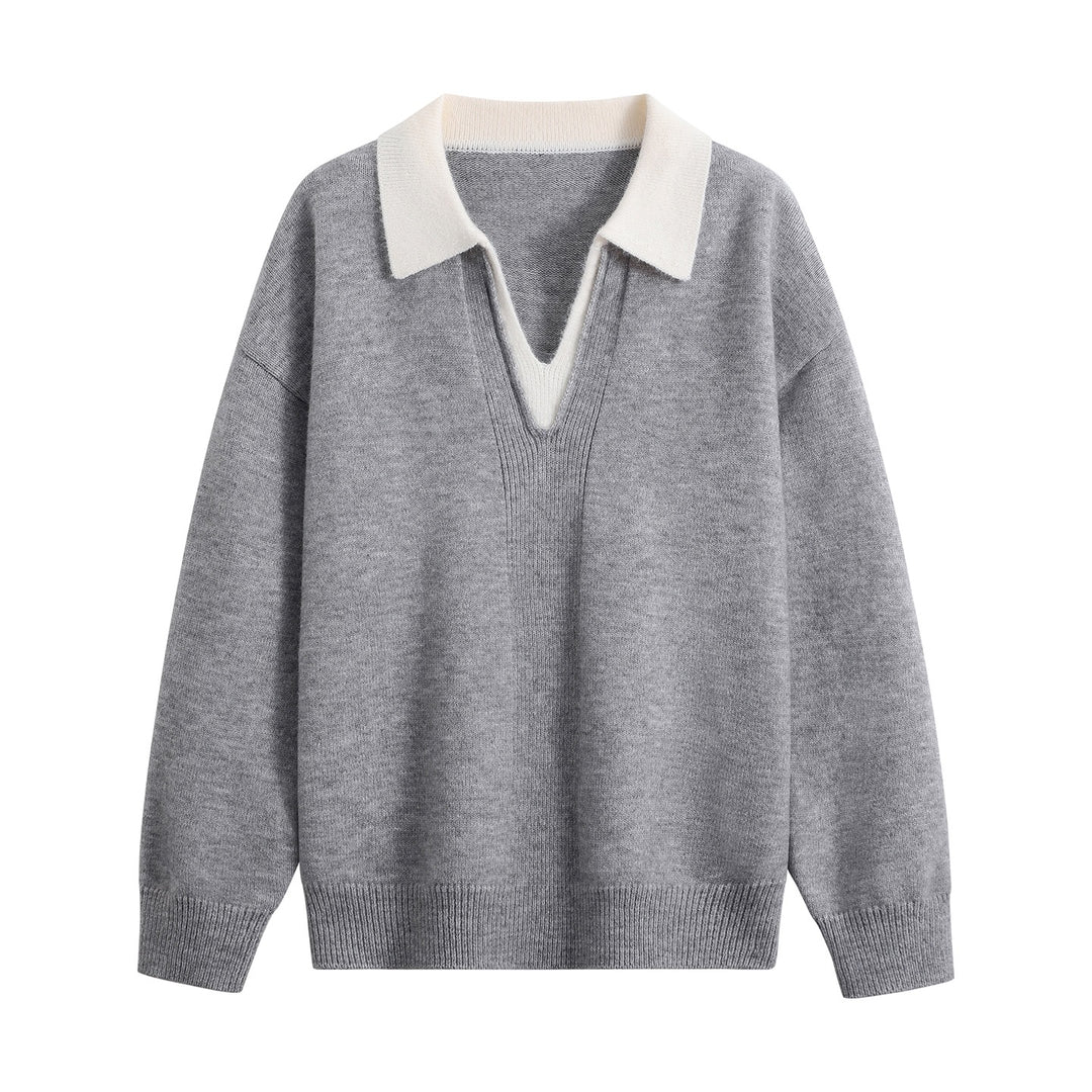 Damen Oversize-Polo-Strickpullover aus weichem Wollmix mit kontrastkragen und tiefem V-Ausschnitt Drune