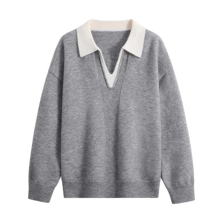 Damen Oversize-Polo-Strickpullover aus weichem Wollmix mit kontrastkragen und tiefem V-Ausschnitt Drune