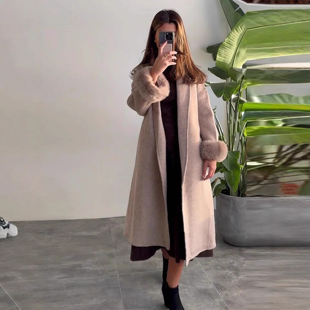 Damen eleganter, warmer Mantel mit luxuriösen Fellsärgen Drune