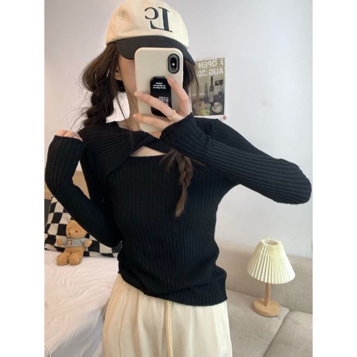 Damen Langarmshirt mit offener Schulterpartie und Rippstrickmuster Drune