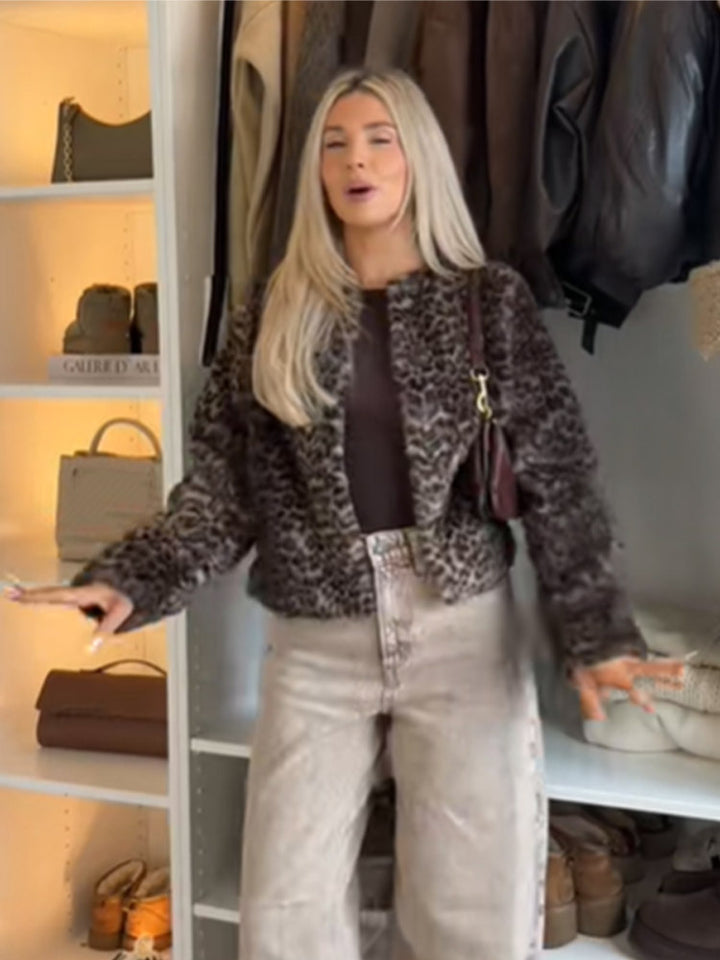 Damen Kurz geschnittener Kunstpelz-Blouson mit Leoprint und kastiger Silhouette Drune