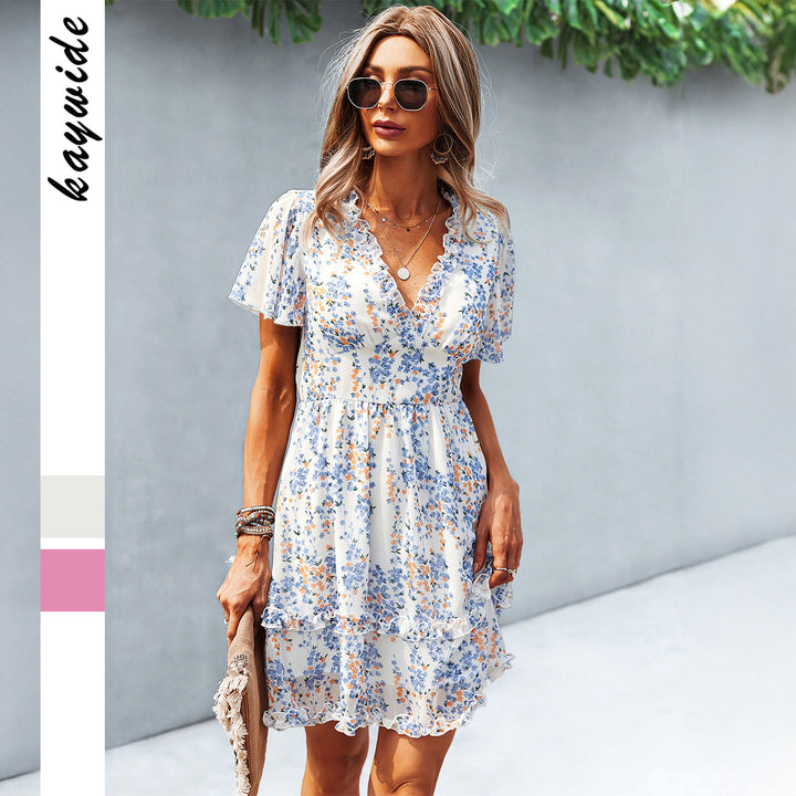 Damen Wickelkleid mit floralen Details und luftigen Ärmeln Drune