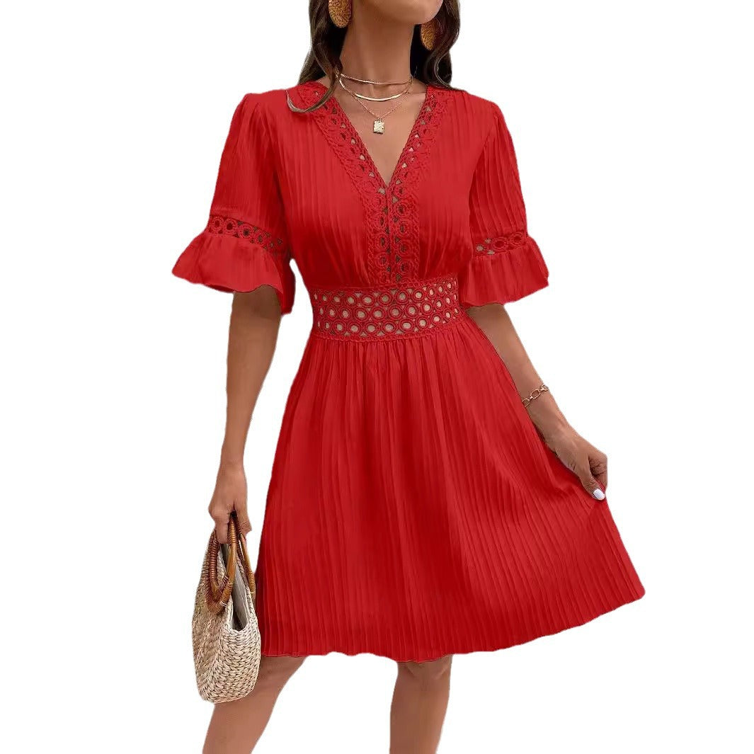 Damen Midikleid mit Plissee, Spitzeneinsatz in der Taille und Volantärmeln Drune