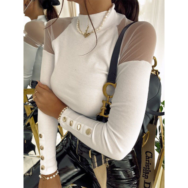 Damen Langarmshirt mit transparenten Ärmeln und Knopfdetails Drune