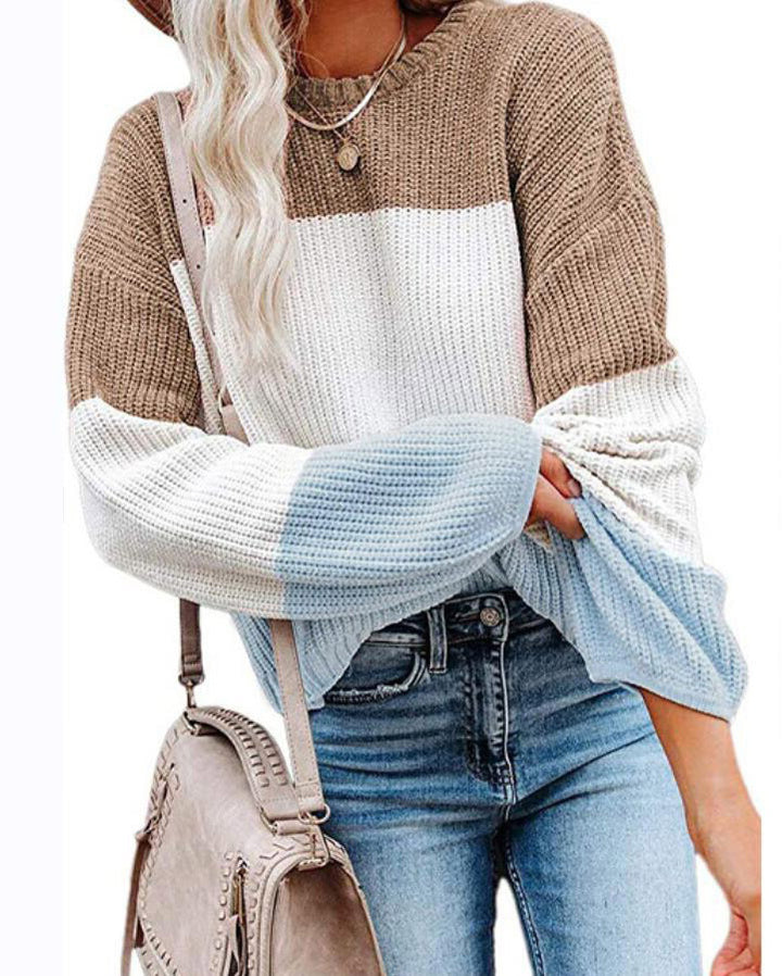 Damen Oversize Colorblock Strickpullover mit Ballonärmeln Drune