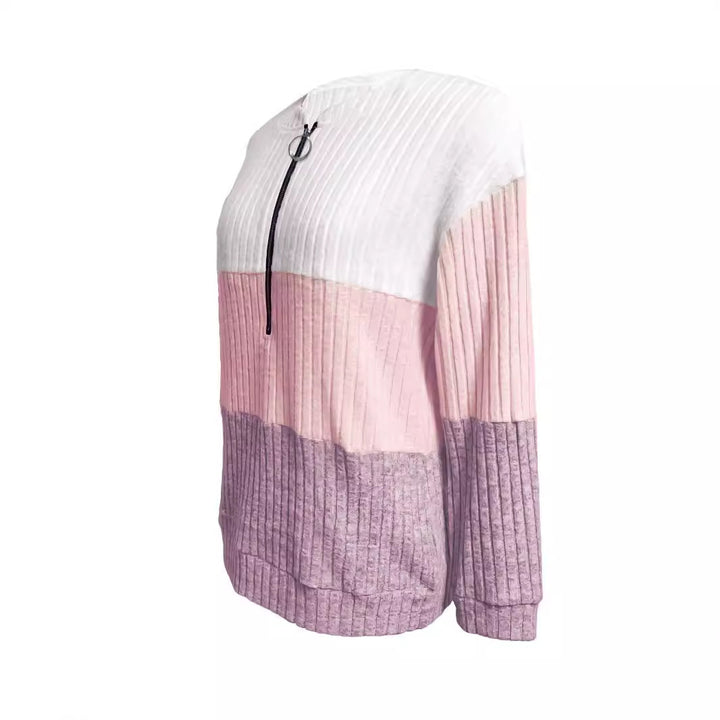 Damen nan gerippter Longpullover mit Ringreißverschluss und Colorblock-Struktur Drune