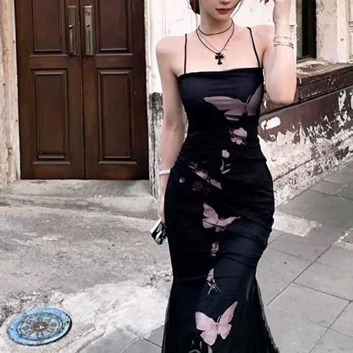 Damen elegantes Wickelkleid mit floralem Schmetterlingsdruck und verstellbaren Spaghetti-Trägern Drune