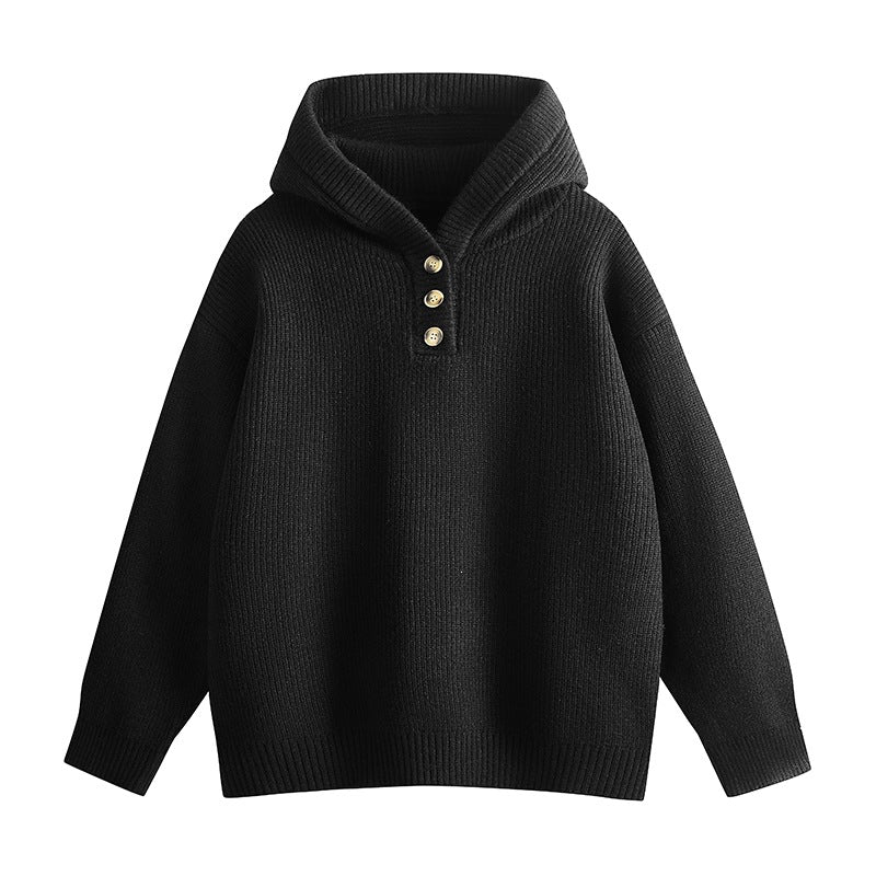 Damen Relaxed Kapuzenpullover aus geripptem Strick mit Halbsteg-Knopfleiste Drune