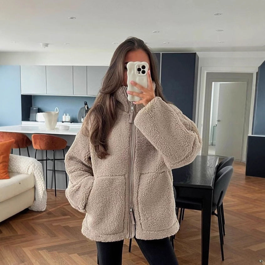 Damen nan oversized Sherpa-Outdoorjacke mit Zweiwege-Reißverschluss, hohem Stehkragen und verdeckten Eingrifftaschen Drune