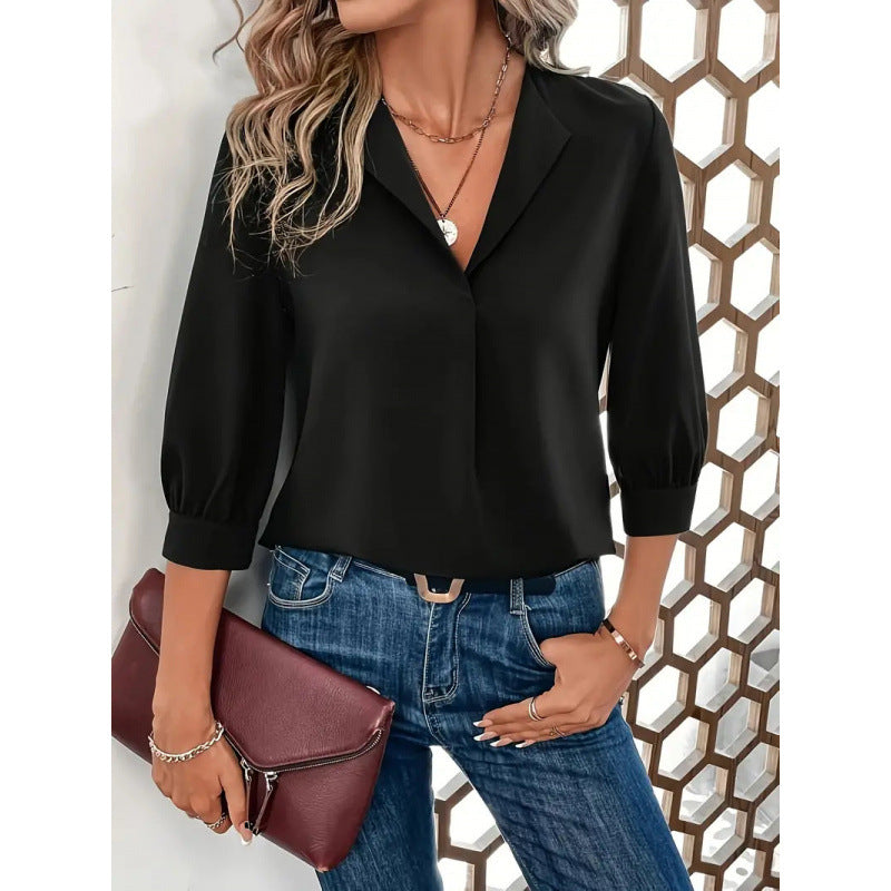 Damen Elegante Viskosebluse mit 3/4-Ärmeln und V-Ausschnitt Drune