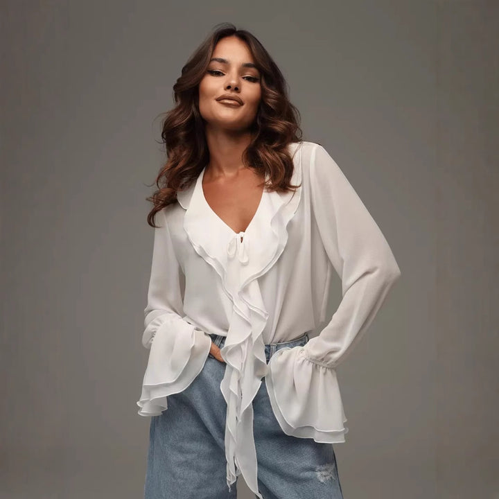Damen leichtes Chiffon-Blusenshirt mit Rüschen und Kordelzug Drune