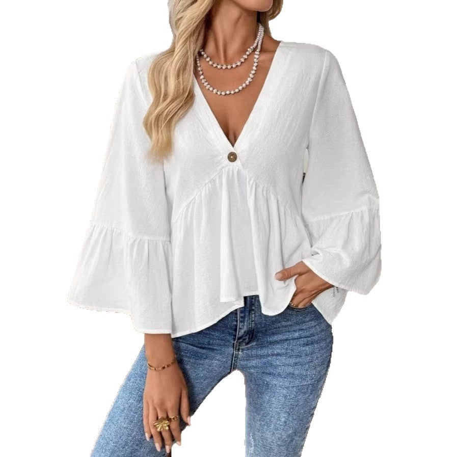 Damen nan elegante Empire-Bluse mit V-Ausschnitt, geraffter Brustnaht und Glockenärmeln Drune