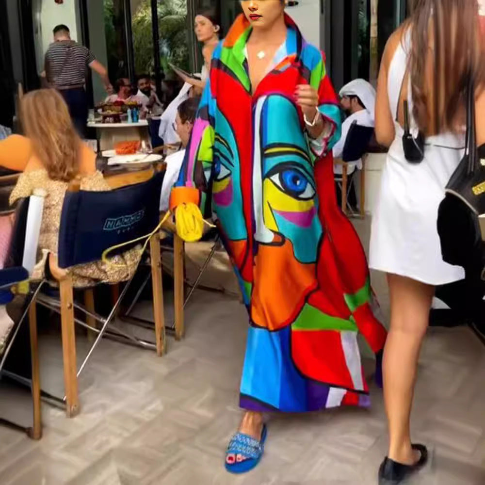 Damen nan Oversize-Hemdkaftan mit abstraktem Portraitprint und Hemdkragen Drune