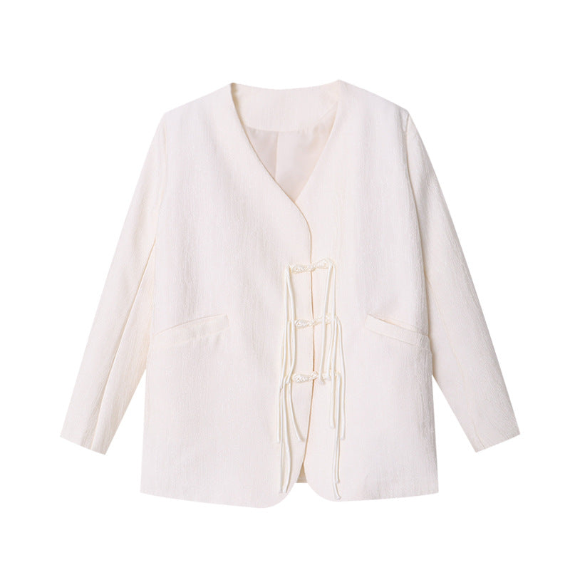 Damen lässige Wickeljacke mit dekorativen Bändern und strukturiertem Stoff Drune