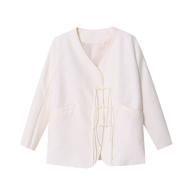 Damen lässige Wickeljacke mit dekorativen Bändern und strukturiertem Stoff Drune