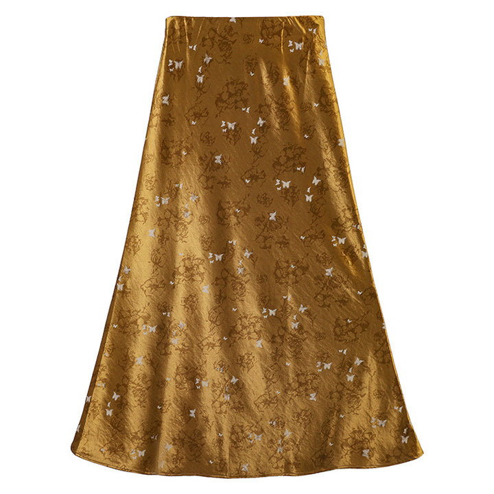 Damen nan A-Linien Midirock aus Jacquard-Satin mit floralen und Schmetterlingsreliefs Drune