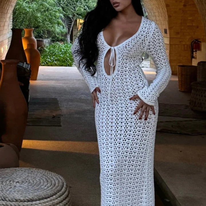 Damen Elegantes gehäkeltes Strandkleid mit tiefem V-Ausschnitt und luftiger Struktur Drune