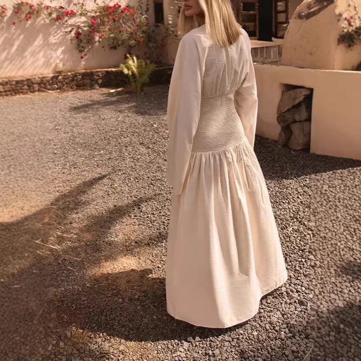 Damen Langes Boho-Maxi-Kleid mit Smock-Taillenband, tiefem V‑Ausschnitt und weiten Ballonärmeln Drune